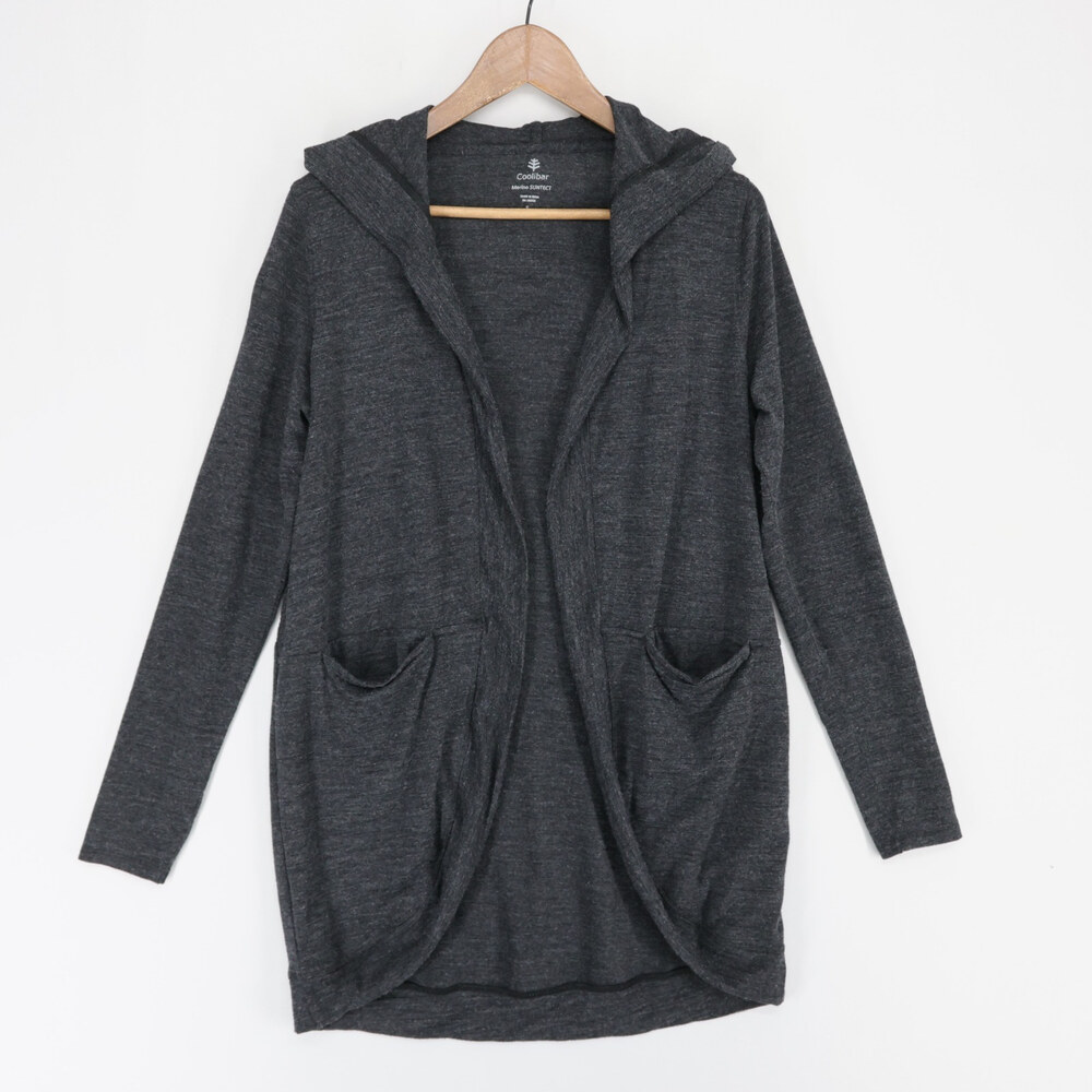 Coolibar Cardigan Womens S Gray Heather Merino Suntect UPF 50 Open Front Hooded